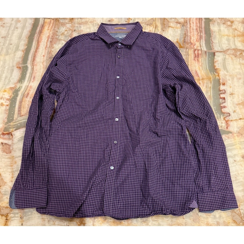 Ted Baker London Mens Button-Up Shirt Purple‎ Check Long Sleeve Classic Size 5